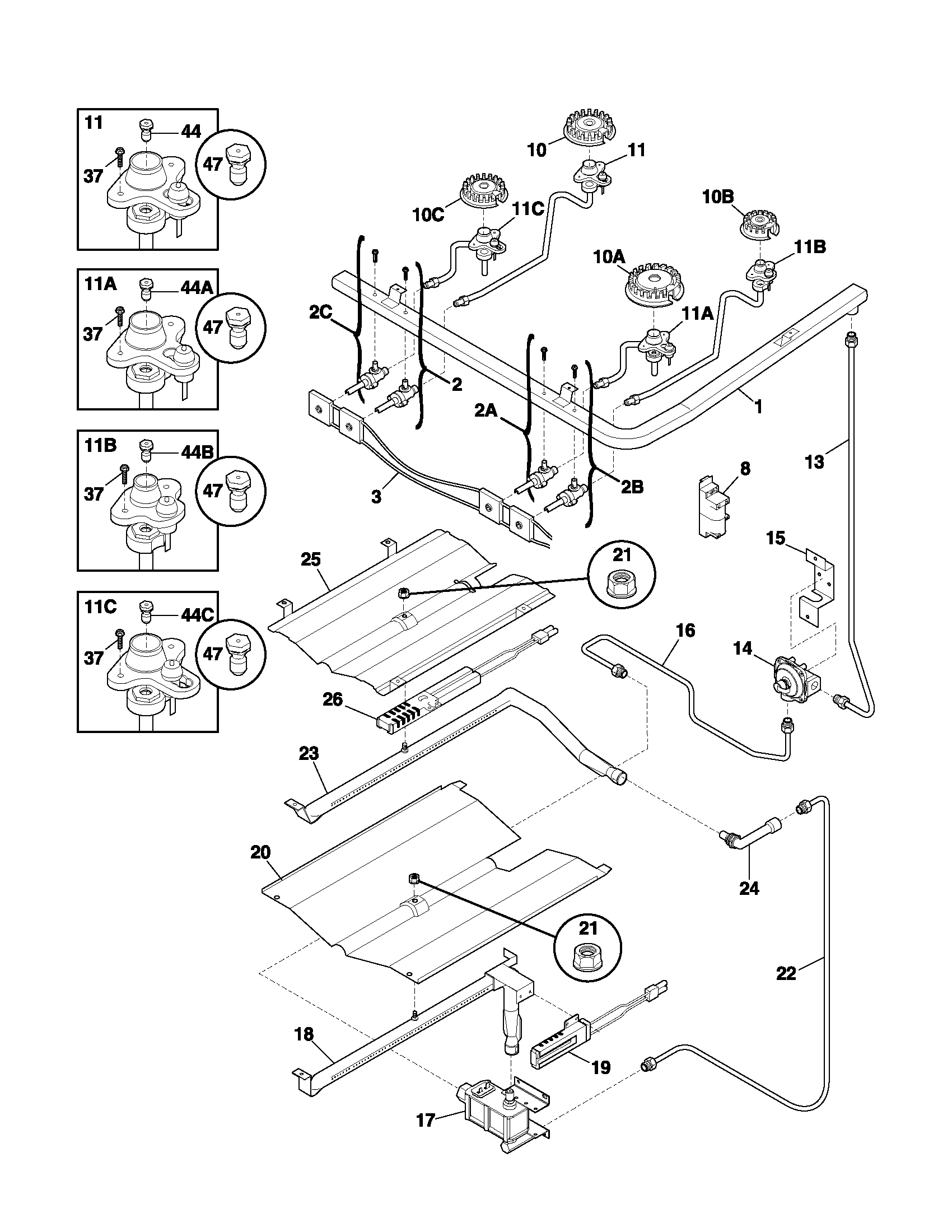 Where can you find information on parts for a gas burner?